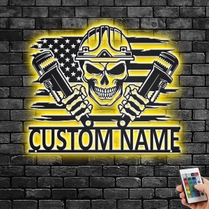 Custom US Plumber Skull Metal Wall Art With LED Light, Personalized Plumber Name Sign Decoration For Room, Plumber Metal Home Decor, Plumber