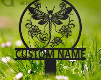 Personalized Dragonfly Garden Sign: Metal Art with Flowers