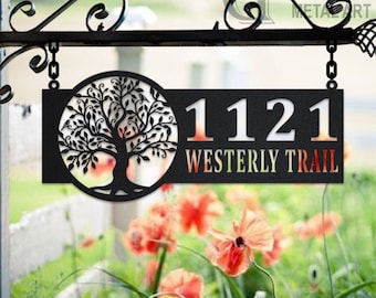 Personalized Tree Of Life Metal Address Sign House Number Hanging Address Plaque Yard Sign, Outdoor Sign Garden Stake, Address Name Sign