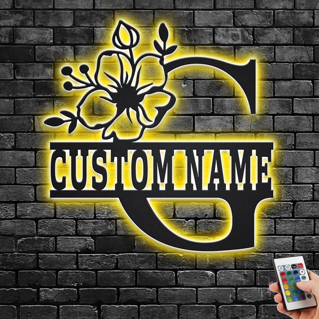 Custom Floral Letter LED Metal Wall Art: Personalized Family Name Sign ...