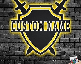 Custom Medieval Shield Metal Wall Art: LED Knight Name Sign
