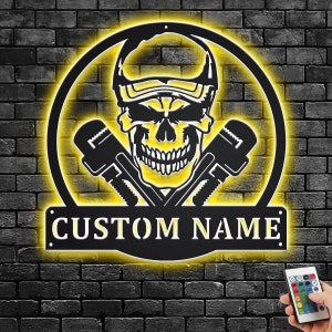 Custom Plumber Skull Metal Wall Art With LED Light, Personalized Plumber Name Sign Decoration For Room, Plumber Home Decor, Custom Plumber
