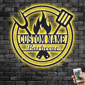 Aangepaste grill metalen muurkunst met ledverlichting, gepersonaliseerde barbecue naambord decoratie voor kamer, barbecue buiten interieur, grill LED-decor