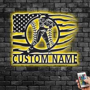 Custom Amerikaanse softbal metalen muurkunst met led-verlichting, gepersonaliseerde softbalspeler naambord decoratie, softbal metalen led-decor, softbalbord