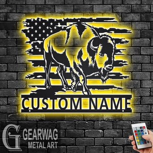 Custom US Bison Metal Wall Art With LED Light, Personalized Bison Name Sign Decoration For Room, Bison Metal LED Decor, Custom Bison Name