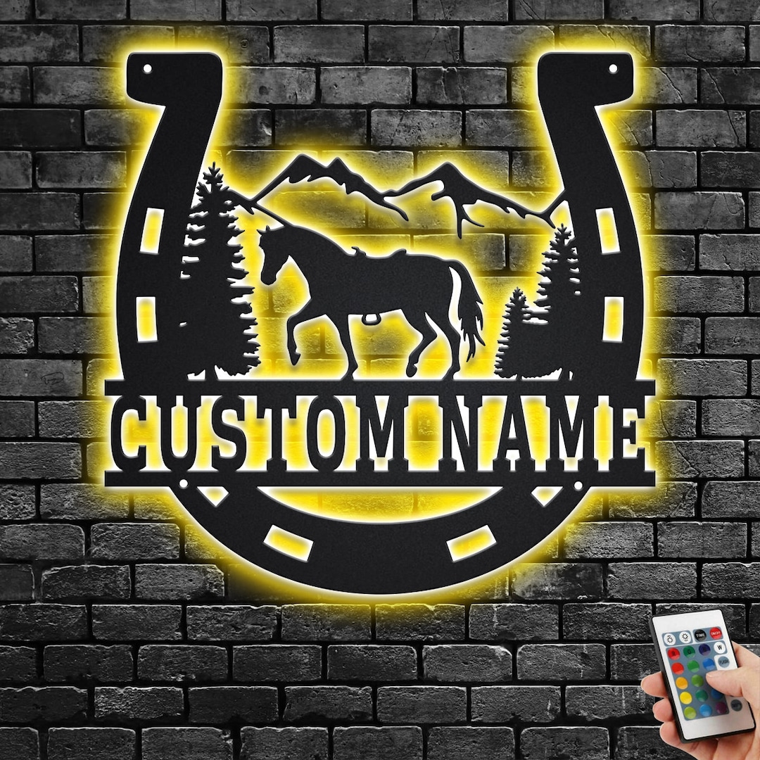 Custom Horse Shoe Metal Wall Art With LED Light, Personalized Horse