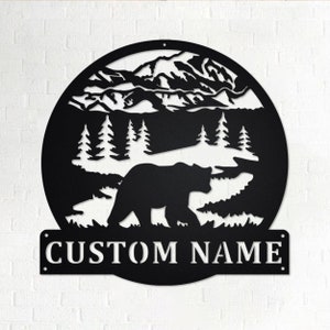 Custom Rustic Bear Mountain Scene Metal Wall Art, Personalized Bear Name Sign Decoration For Room, Bear Home Decor, Custom Bear, Bear Animal