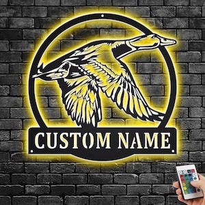 Custom Flying Duck Metal Wall Art With LED Light, Personalized Duck Name Sign Decoration For Room, Flying Duck Metal LED Decor, Custom Duck