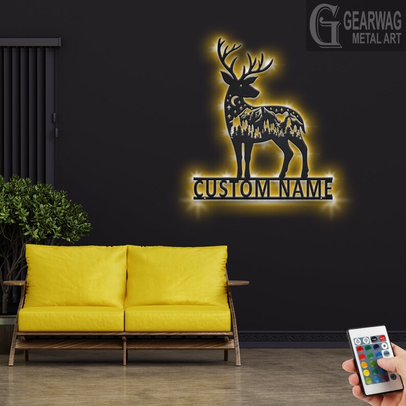 Custom Mountain Deer Metal Wall Art With LED Light, Personalized Deer