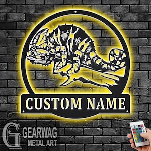 Custom Chameleon Metal Wall Art With LED Light, Personalized Chameleon Name Sign Decoration For Room, Chameleon Metal LED Decor, Chameleon
