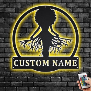 Custom Afro Queen Roots Metal Wall Art With LED Light, Personalized Black Girl Name Sign Decoration For Room, Afro Queen Metal LED Decor