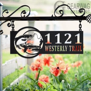 Personalized Fisher Metal Address Sign House Number Hanging Address Plaque Yard Sign, Outdoor Sign Garden Stake, Custom Address Sign