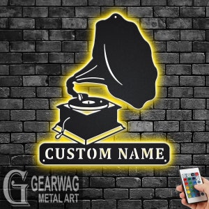 Custom Phonograph Record Metal Wall Art With LED Light, Personalized Record Player Name Sign Decoration For Room, Gramophone Metal LED Decor