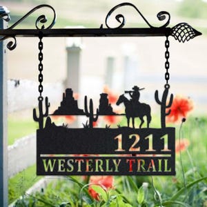 Personalized Cowboy Metal Address Sign House Number Hanging Address Plaque Yard Sign, Outdoor Sign Garden Stake, Metal Address Sign