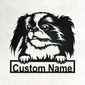 Arte de pared de metal personalizado con perro Chin japonés, letrero con nombre Chin japonés personalizado para decoración de habitación, decoración del hogar Chin japonés, perro personalizado