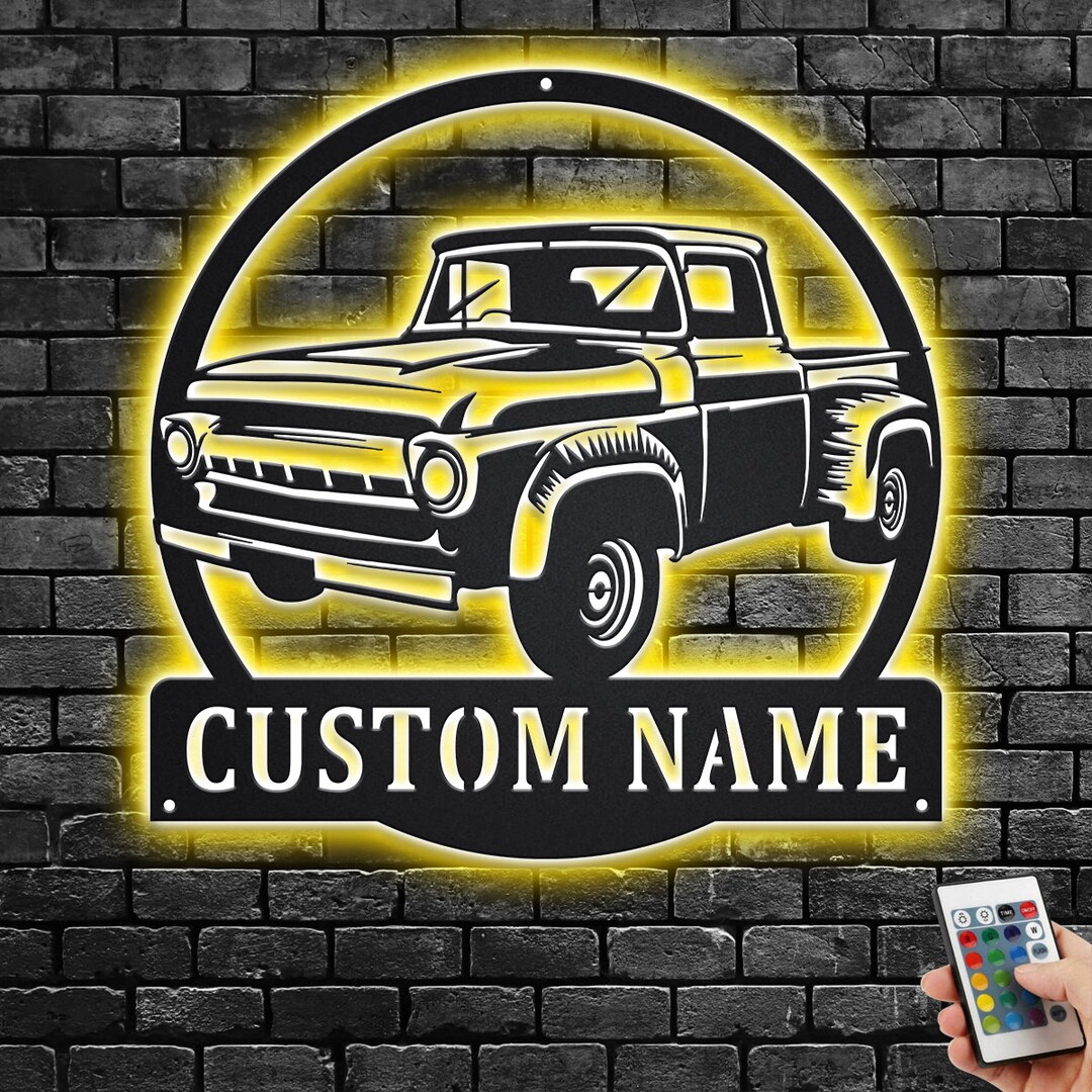 Custom Vintage Truck Metal Wall Art With LED Light, Personalized Garage