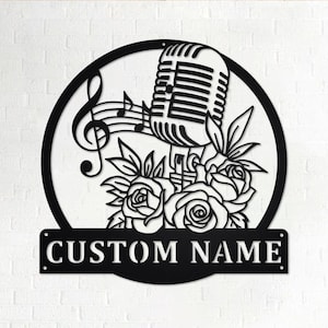 Custom Floral Microphone Metal Wall Art, Personalized Microphone Name Sign Decoration For Room, Microphone Metal Home Decor, Microphone
