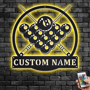 Benutzerdefinierte Billard Metallwandkunst mit LED-Licht, personalisierte Billardraum-Namensschild-Dekoration für Wohnzimmer, Pool-Player-Metall-LED-Dekor