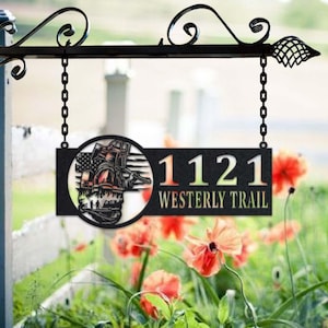 Personalized Fireman Metal Address Sign House Number Hanging Address Plaque Yard Sign, Outdoor Sign Garden Stake, Metal Address Sign