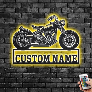 Custom Chopper Motorcycle Metal Wall Art With LED Light, Personalized Biker Name Sign Decoration For Room, Chopper Motorcycle Garage Decore