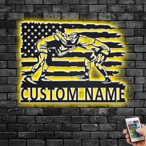 Custom US Wrestling Metal Wall Art With LED Light, Personalized Wrestling Player Name Sign Decoration For Room, Wrestling Metal LED Decor