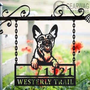 Personalized Belgian Malinois Dog Metal Address Sign House Number Hanging Address Plaque Yard Sign, Outdoor Sign Garden Stake, Address Sign