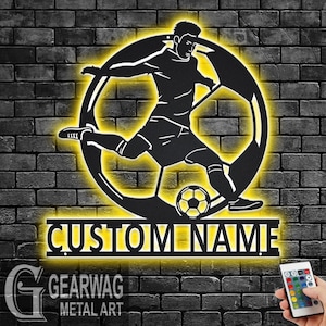 Custom Soccer Metal Wall Art With LED Light, Personalized Soccer Player Name Sign Decoration For Room, Male Soccer Player Metal LED Decor