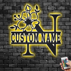Custom Floral Alphabet N Metal Wall Art With Led Light, Personalized Alphabet Family Name Sign Decoration For Room,Last Name Metal LED Decor