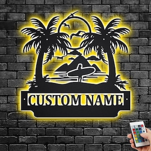 Custom Surfer Metal Wall Art with LED: Personalized Summer Decor