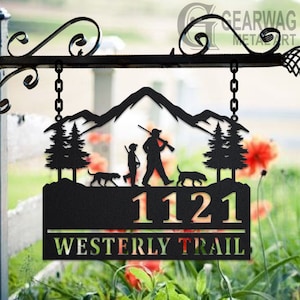 Personalized Deer Hunter Metal Address Sign House Number Hanging Address Plaque Yard Sign, Outdoor Sign Garden Stake, Custom Address Sign