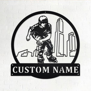 May include: Black metal silhouette of a person rollerblading in front of a city skyline. The silhouette is in a circle with the text "CUSTOM NAME" below.