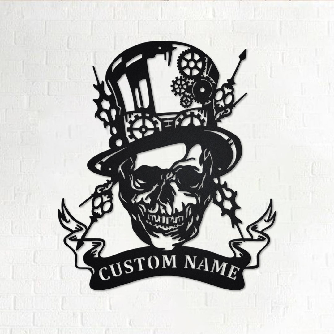 Custom Steampunk Skull Metal Wall Art, Personalized Steampunk Skull Name Sign Decoration for ...