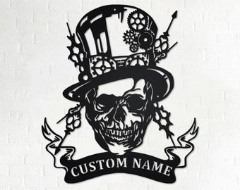 Custom Steampunk Skull Metal Wall Art, Personalized Steampunk Skull Name Sign Decoration For Room, Steampunk Skull Metal Home Decor, Skull