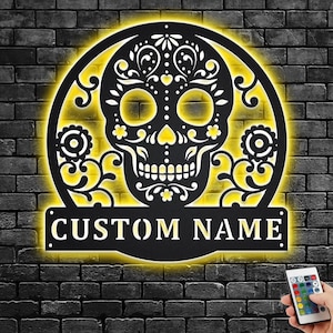 Custom Sugar Skull Metal Wall Art With LED Light, Personalized Sugar Skull Name Sign Decoration For Room, Sugar Skull Metal Home Decor