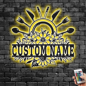 Custom Floral Cutlery Frame Metal Wall Art With LED Light, Personalized Restaurant Name Sign Decoration For Room, Cutlery Metal LED Decor