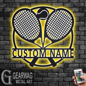 Custom Tennis Crossed Ball Metal Wall Art With LED Light, Personalized Tennis Player Name Sign Decoration For Room, Tennis Metal LED Decor