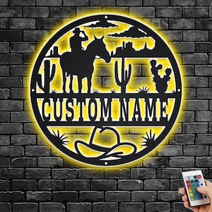 Custom Cowboy Metal Wall Art With LED Light, Personalized Cowboy Name Sign Decoration For Room, Cowboy Metal LED Decor, Custom Cowboy Sign