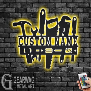 Custom Handyman Metal Wall Art With LED Light, Personalized Workshop Name Sign Decoration For Room, Handyman Metal LED Decor, Dad Workshop