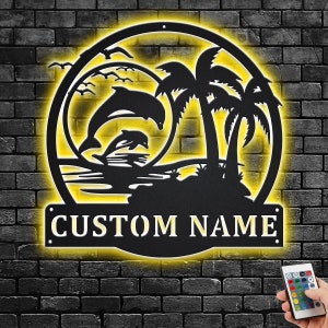 Custom Dolfijn Scène Zonsondergang Metal Wall Art Met Led-licht, gepersonaliseerde Dolfijn Naambord Decoratie Voor Kamer, Dolfijn Metal Home Decor