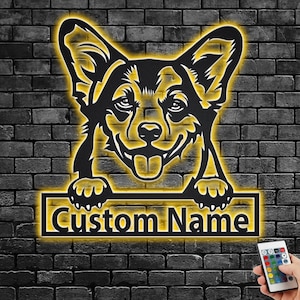 Custom Welsh Corgi metalen muurkunst met led-licht, gepersonaliseerde Welsh Corgi naambord decoratie voor hondenkamer, Welsh Corgi metalen led-decor