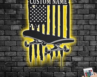 Custom Skateboard Metal Wall Art with LED: Personalized Skateboarder Room Decor