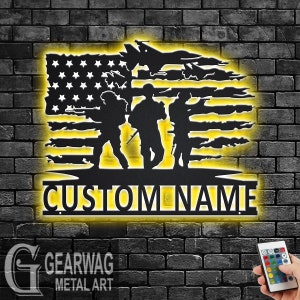 Custom US Soldier Metal Wall Art With LED Light, Personalized Soldier Name Sign Decoration For Room, Soldier Metal LED Decor, Custom Soldier