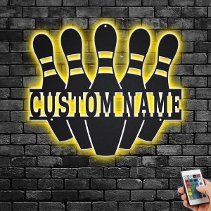 Custom Bowling Pin Metal Wall Art With LED Light, Personalized Bowling Player Name Sign Decoration For Room, Bowling Pin Metal LED Decor