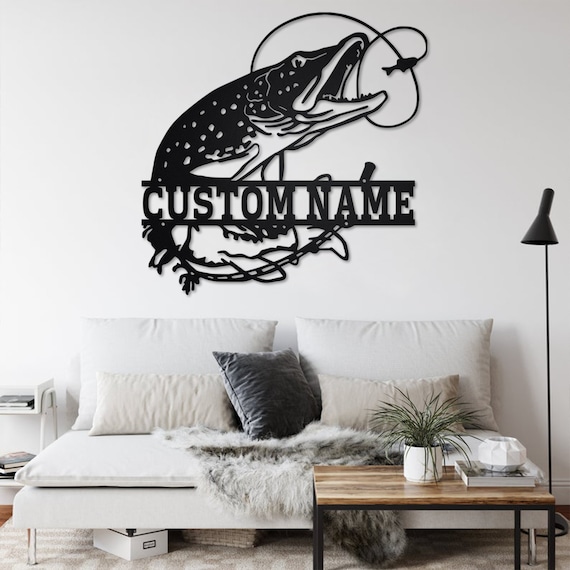 Custom Pike Fish Metal Wall Art, Personalized Pike Fish Name Sign