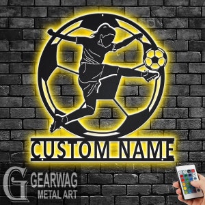 Custom Soccer Metal Wall Art With LED Light, Personalized Soccer Player Name Sign Decoration For Room, Female Soccer Player Metal LED Decor