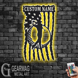 Custom US Golf Metal Wall Art With LED Light, Personalized Golf Player Name Sign Decoration For Room, Golfing Metal LED Decor, Custom Golfer