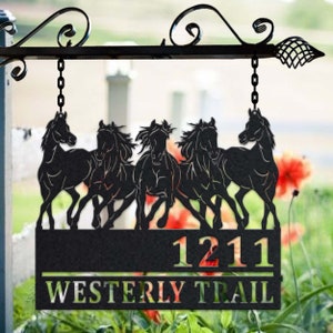May include: Black metal silhouette of five horses running, with a black sign below with the house number 1211 and the street name "Westerly Trail" in white lettering.