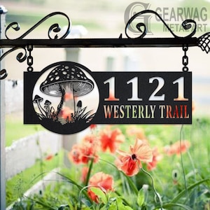 Personalized Mushroom Metal Address Sign House Number Hanging Address Plaque Yard Sign, Outdoor Sign Garden Stake, Address Name Sign