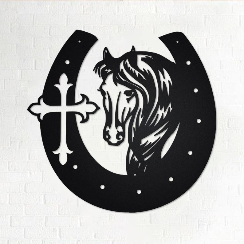 Metallväggkonst med hästsko och kors bild 1