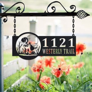 Personalized Dog Hunting Metal Address Sign House Number Hanging Address Plaque Yard Sign, Outdoor Sign Garden Stake,Address Name Metal Sign